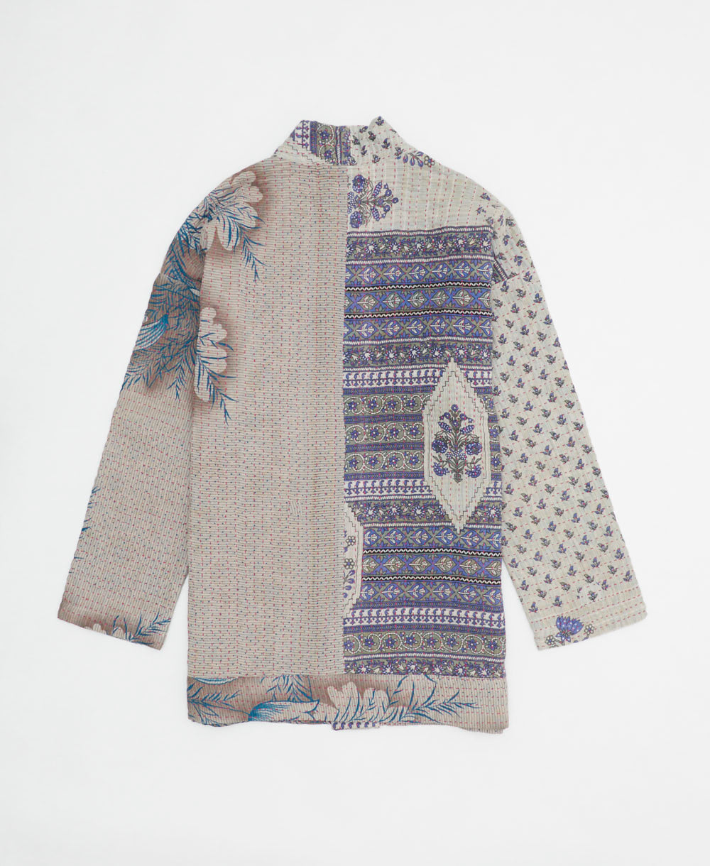 handmade open front cocoon quilted jacket in grey & periwinkle featuring an oversized floral print