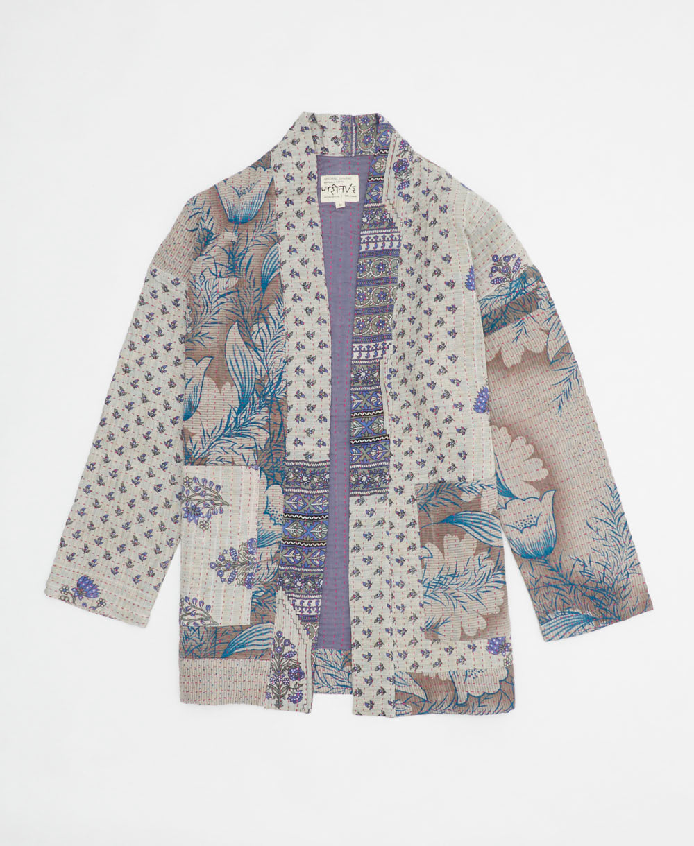 periwinkle floral open front quilted jacket made from upcycled saris by artisans in India