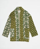 green floral open front quilted jacket made from upcycled saris by artisans in India