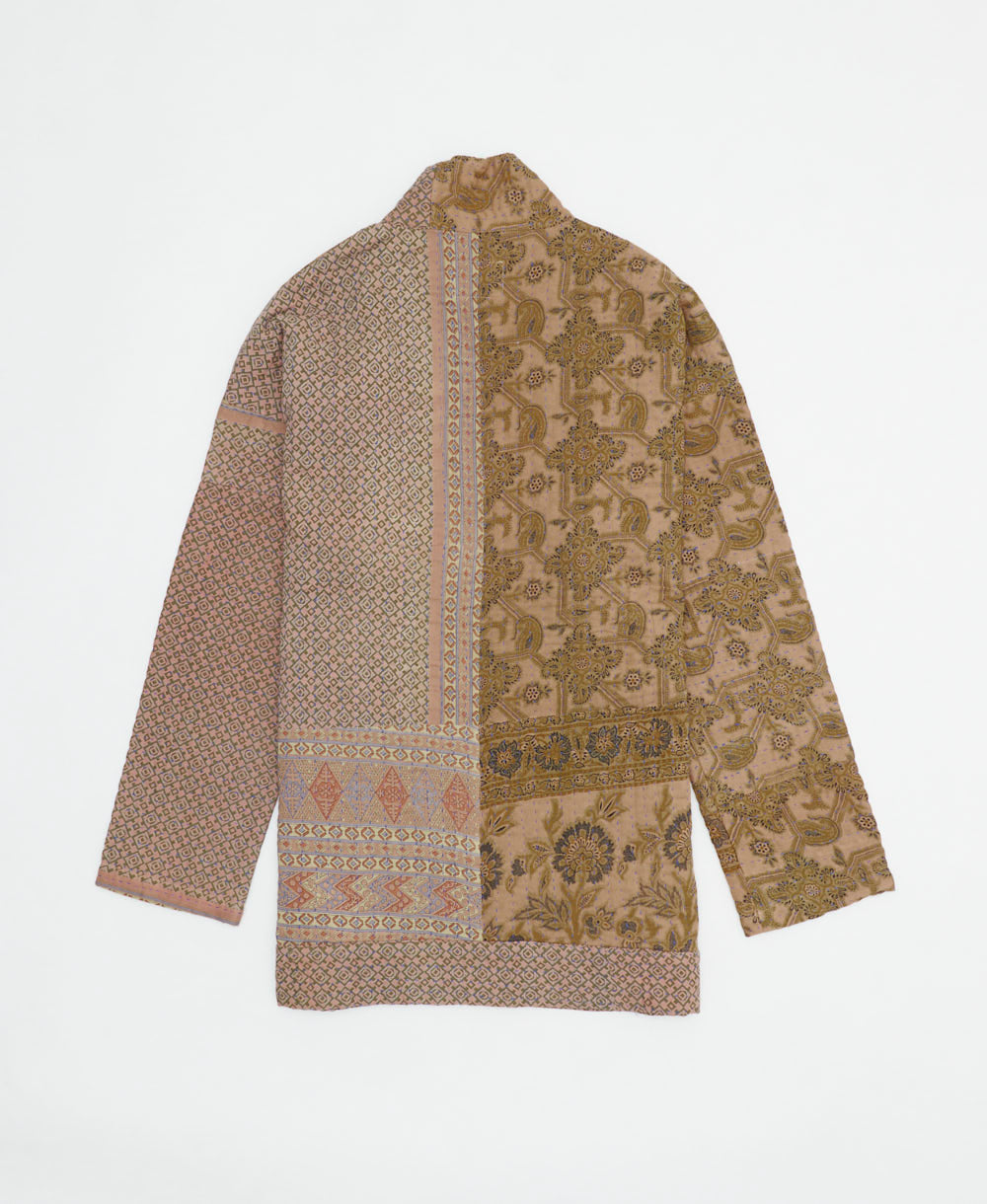 handmade open front cocoon quilted jacket in sandy beige featuring a dainty geomentric tile print