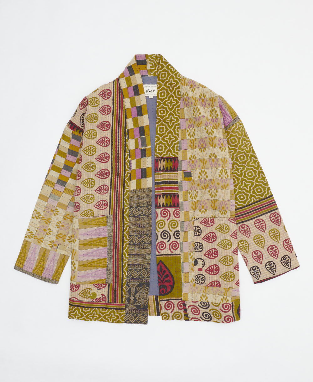 tan, olive & lilac open front quilted jacket made from upcycled saris by artisans in India