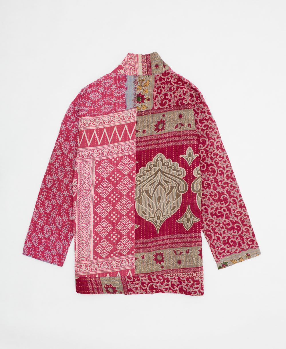 handmade open front cocoon quilted jacket in hot pink featuring a delicate paisley print