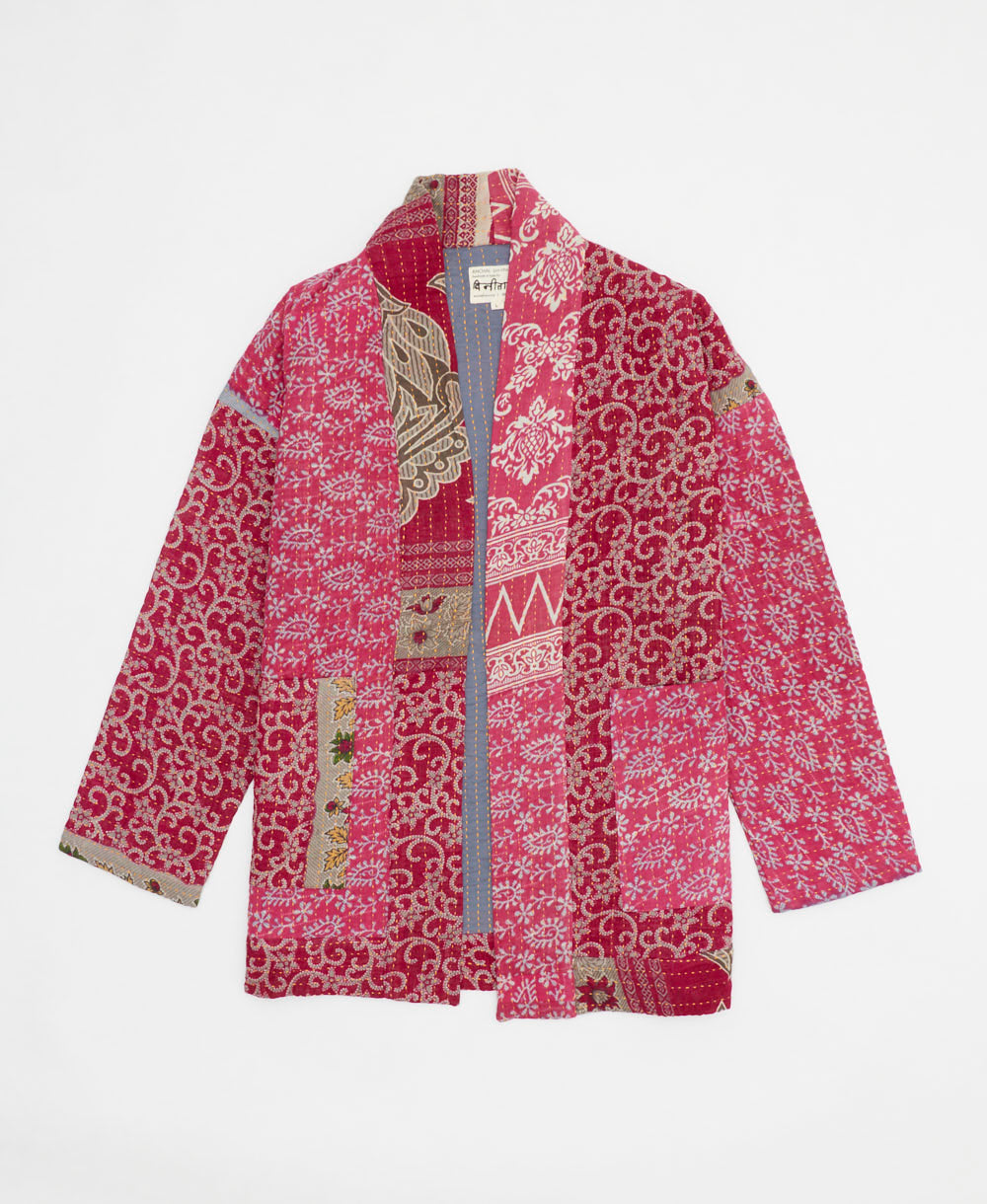 hot pink open front quilted jacket made from upcycled saris by artisans in India