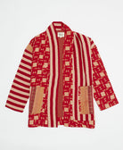 cherry red open front quilted jacket made from upcycled saris by artisans in India