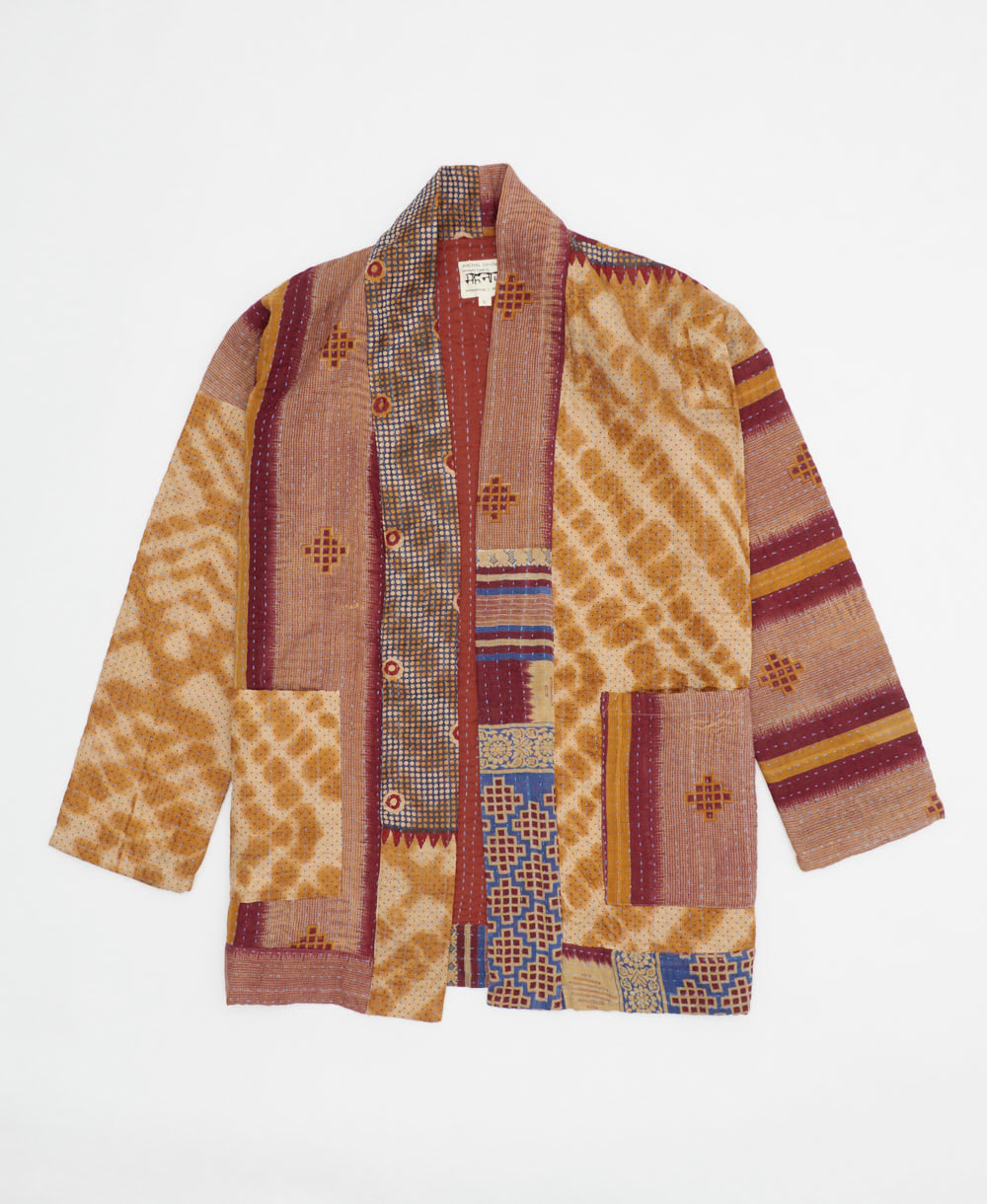 tan & maroon open front quilted jacket made from upcycled saris by artisans in India