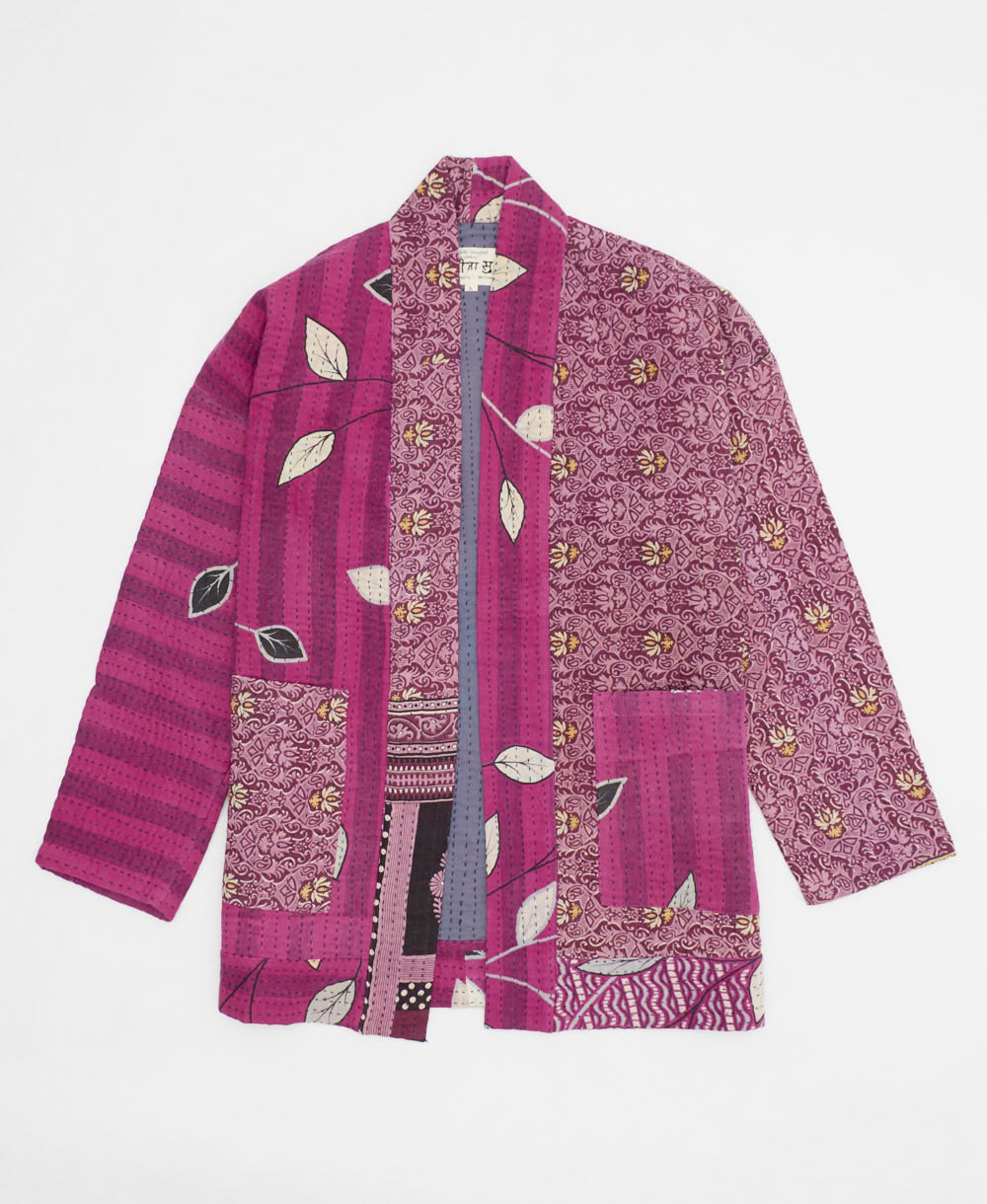 orchid purple open front quilted jacket made from upcycled saris by artisans in India