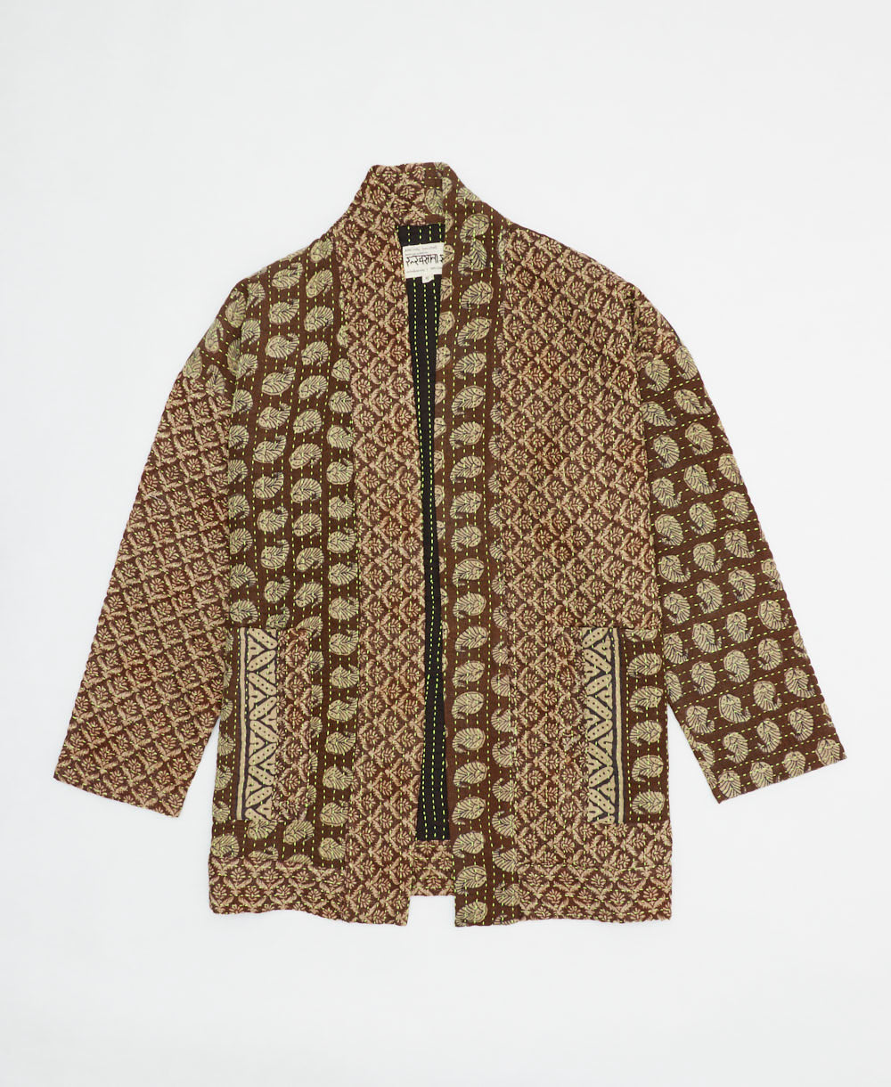 chocolate brown open front quilted jacket made from upcycled saris by artisans in India