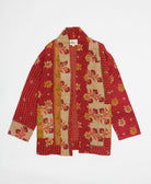 crimson red floral open front quilted jacket made from upcycled saris by artisans in India