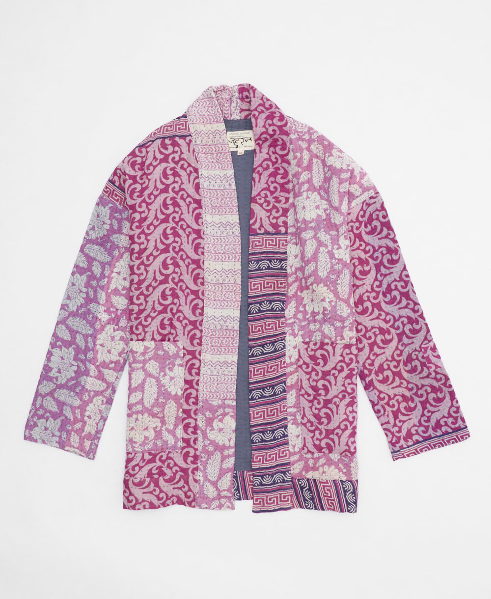 orchid purple floral open front quilted jacket made from upcycled saris by artisans in India