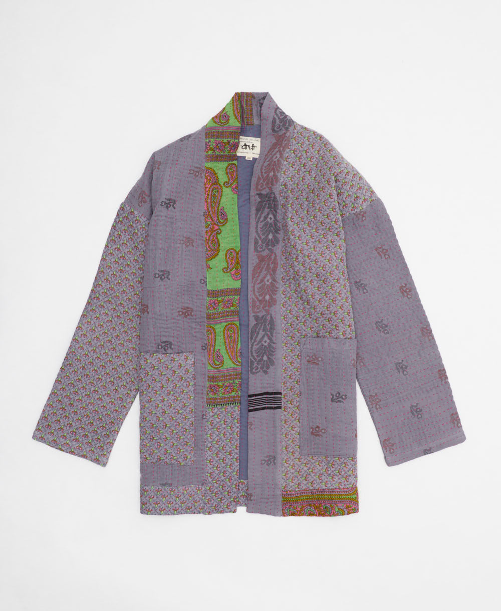 pale purple & lime green paisley open front quilted jacket made from upcycled saris by artisans in India