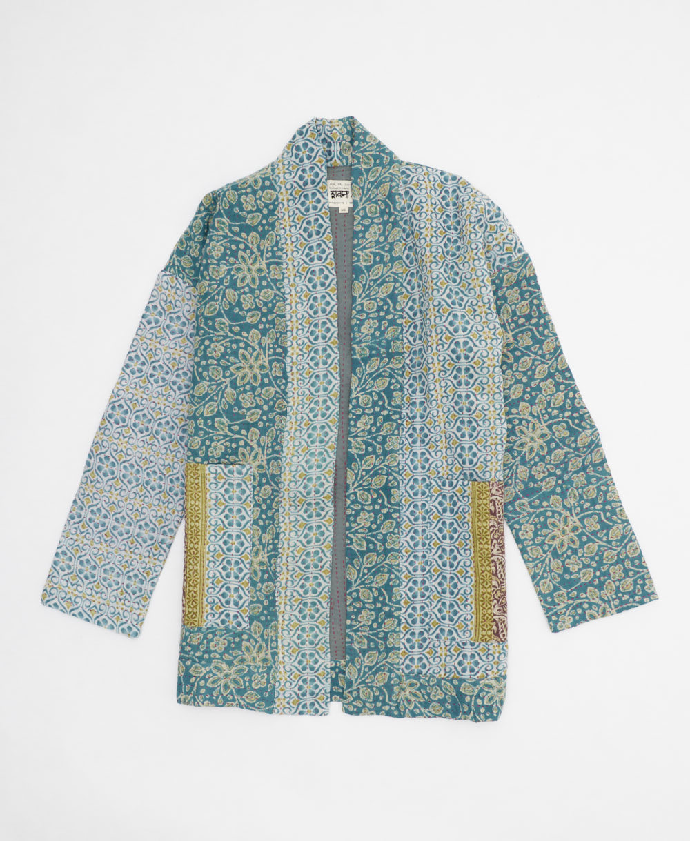 sky blue & teal floral open front quilted jacket made from upcycled saris by artisans in India