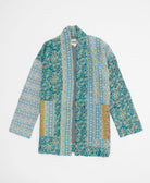 sky blue & teal floral open front quilted jacket made from upcycled saris by artisans in India