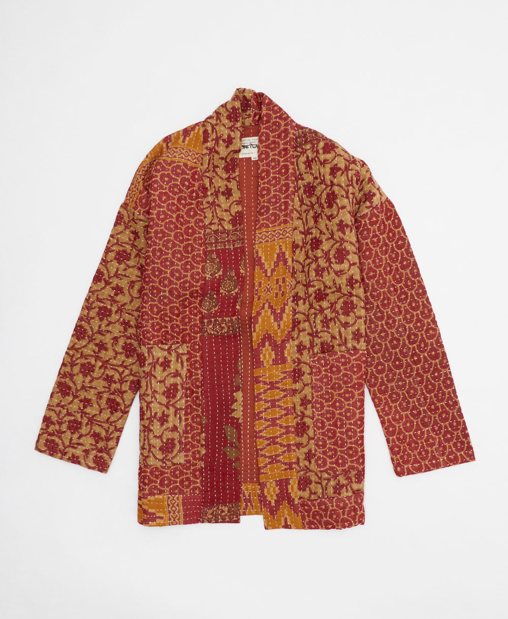 brick red & ran floral open front quilted jacket made from upcycled saris by artisans in India