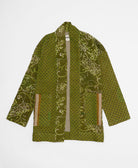 juniper green floral open front quilted jacket made from upcycled saris by artisans in India