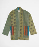 sage green geometric open front quilted jacket made from upcycled saris by artisans in India