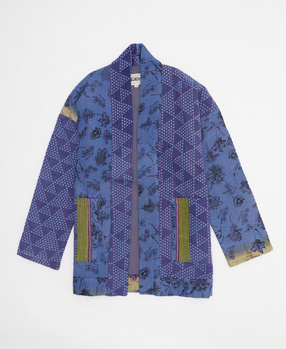 indigo & cornflower geometric open front quilted jacket made from upcycled saris by artisans in India