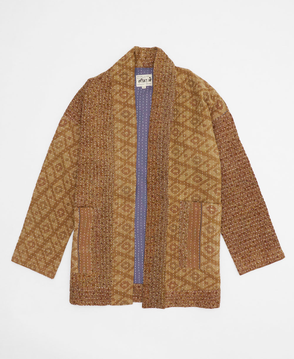 peanut brown geometric open front quilted jacket made from upcycled saris by artisans in India