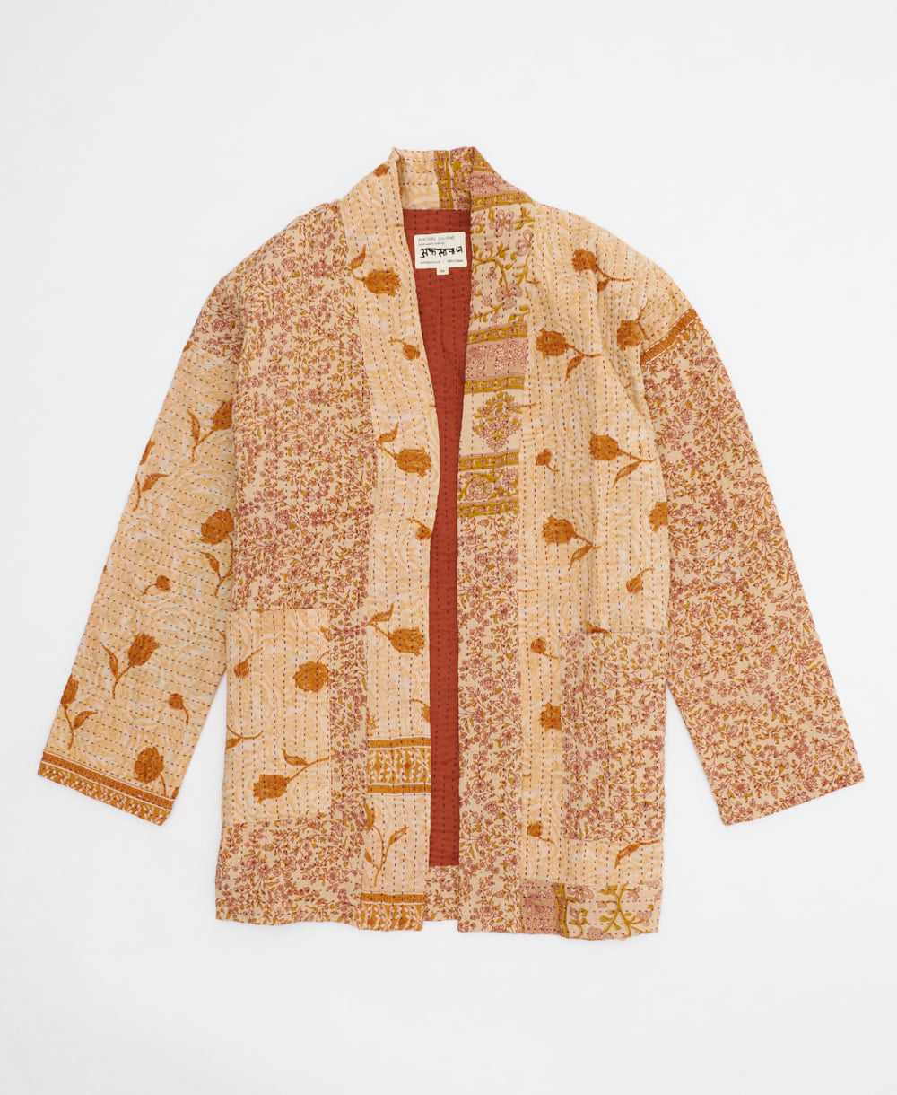 sandy tan floral open front quilted jacket made from upcycled saris by artisans in India