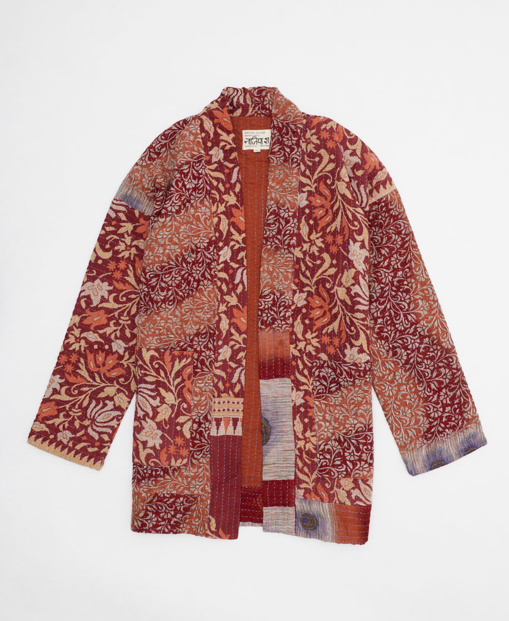 coral & crimson floral open front quilted jacket made from upcycled saris by artisans in India