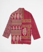 handmade open front cocoon quilted jacket in crimson red featuring a multi-colored paisley print