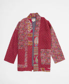 crimson red paisley open front quilted jacket made from upcycled saris by artisans in India