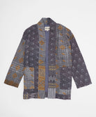 blue-grey paisley open front quilted jacket made from upcycled saris by artisans in India