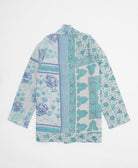 handmade open front cocoon quilted jacket in sky blue featuring a white & purple floral print