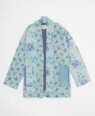 sky blue & white floral open front quilted jacket made from upcycled saris by artisans in India