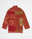 handmade open front cocoon quilted jacket in apple red featuring a geometric print