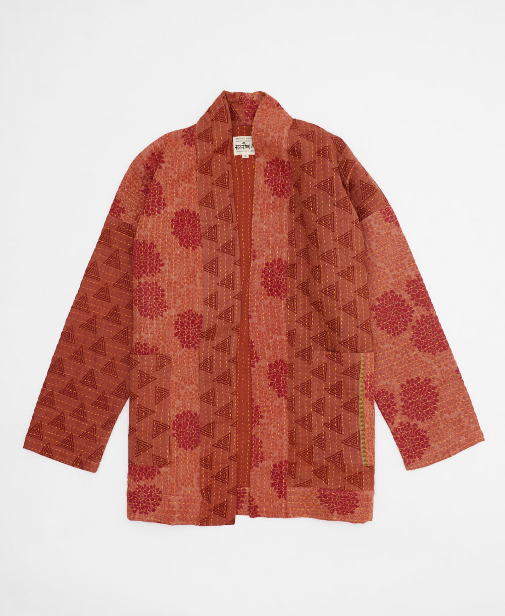 apple red geometric open front quilted jacket made from upcycled saris by artisans in India