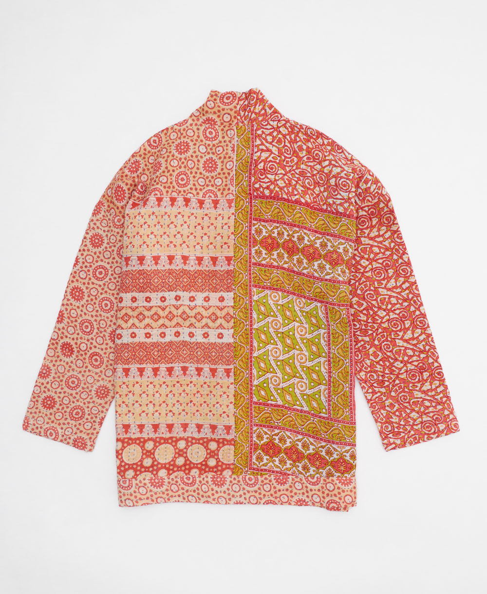 handmade open front cocoon quilted jacket in pink featuring a circular geometric print