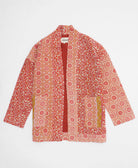 pink open front quilted jacket made from upcycled saris by artisans in India