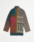 open front quilted jacket made from upcycled saris by artisans in India