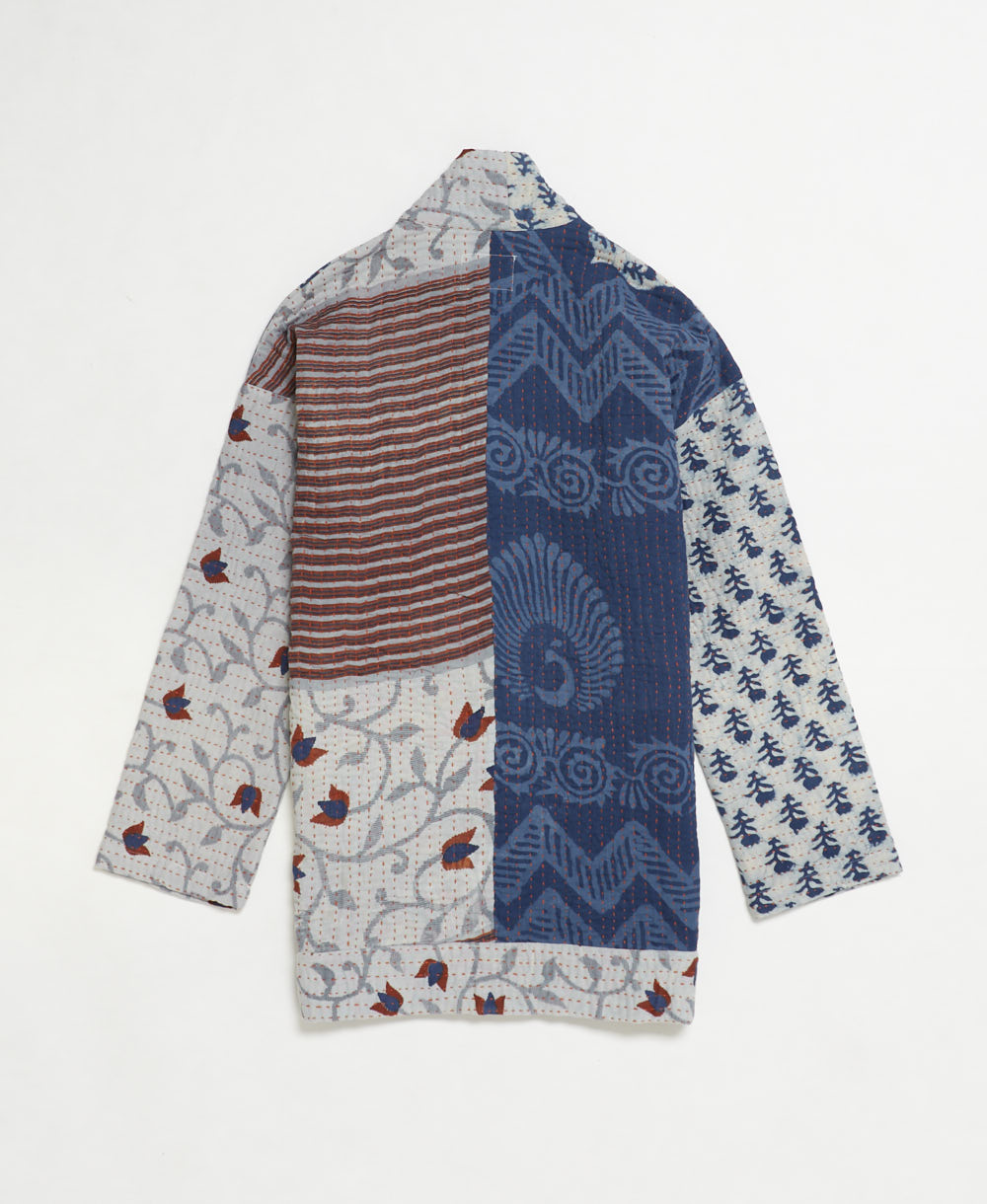 open front quilted jacket made from upcycled saris by artisans in India