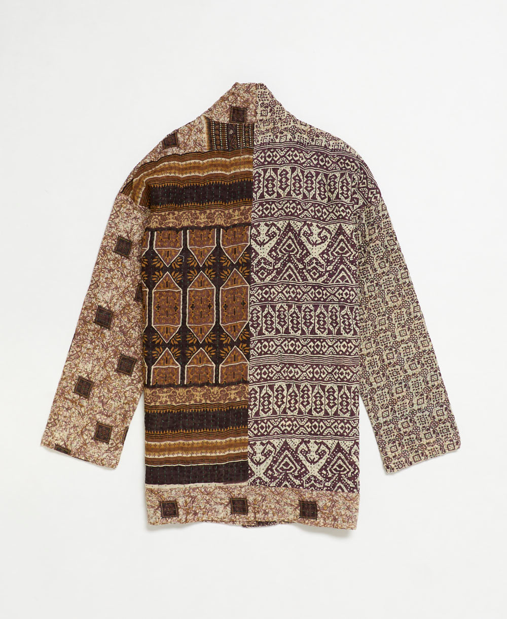 open front quilted jacket made from upcycled saris by artisans in India