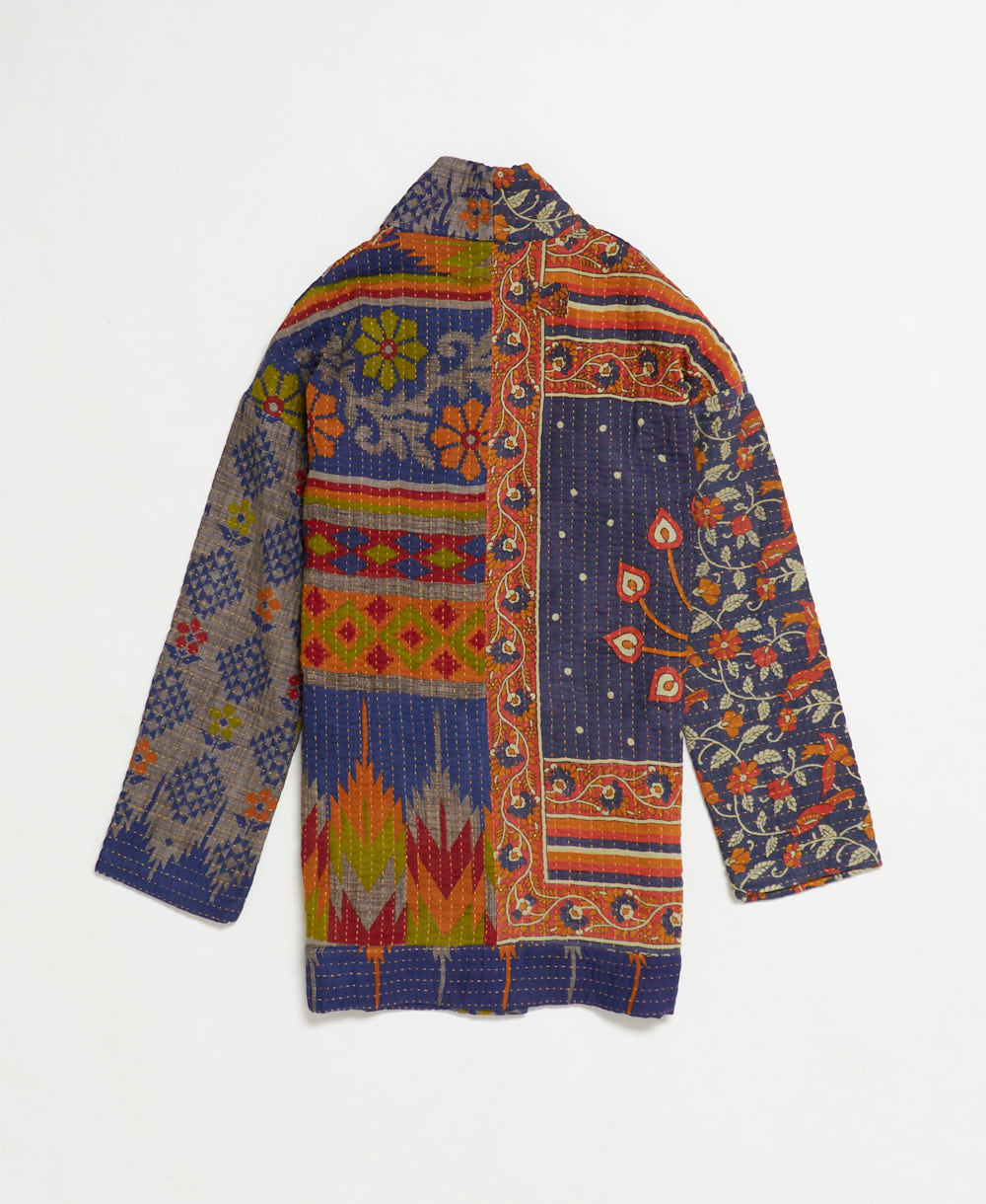 open front quilted jacket made from upcycled saris by artisans in India