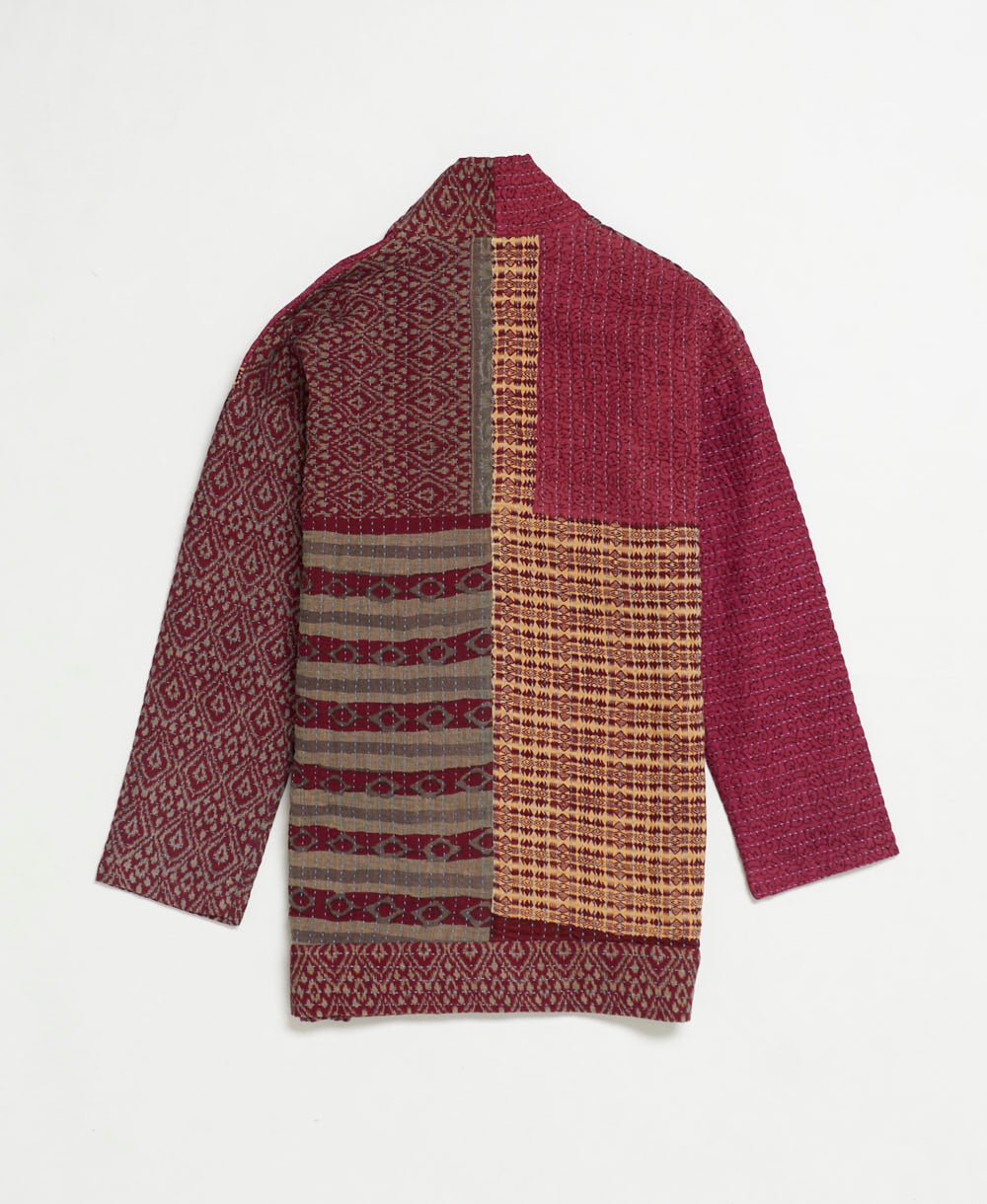 open front quilted jacket made from upcycled saris by artisans in India