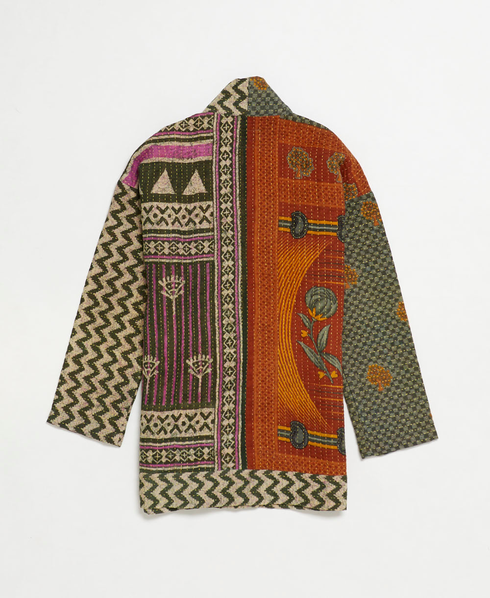 open front quilted jacket made from upcycled saris by artisans in India