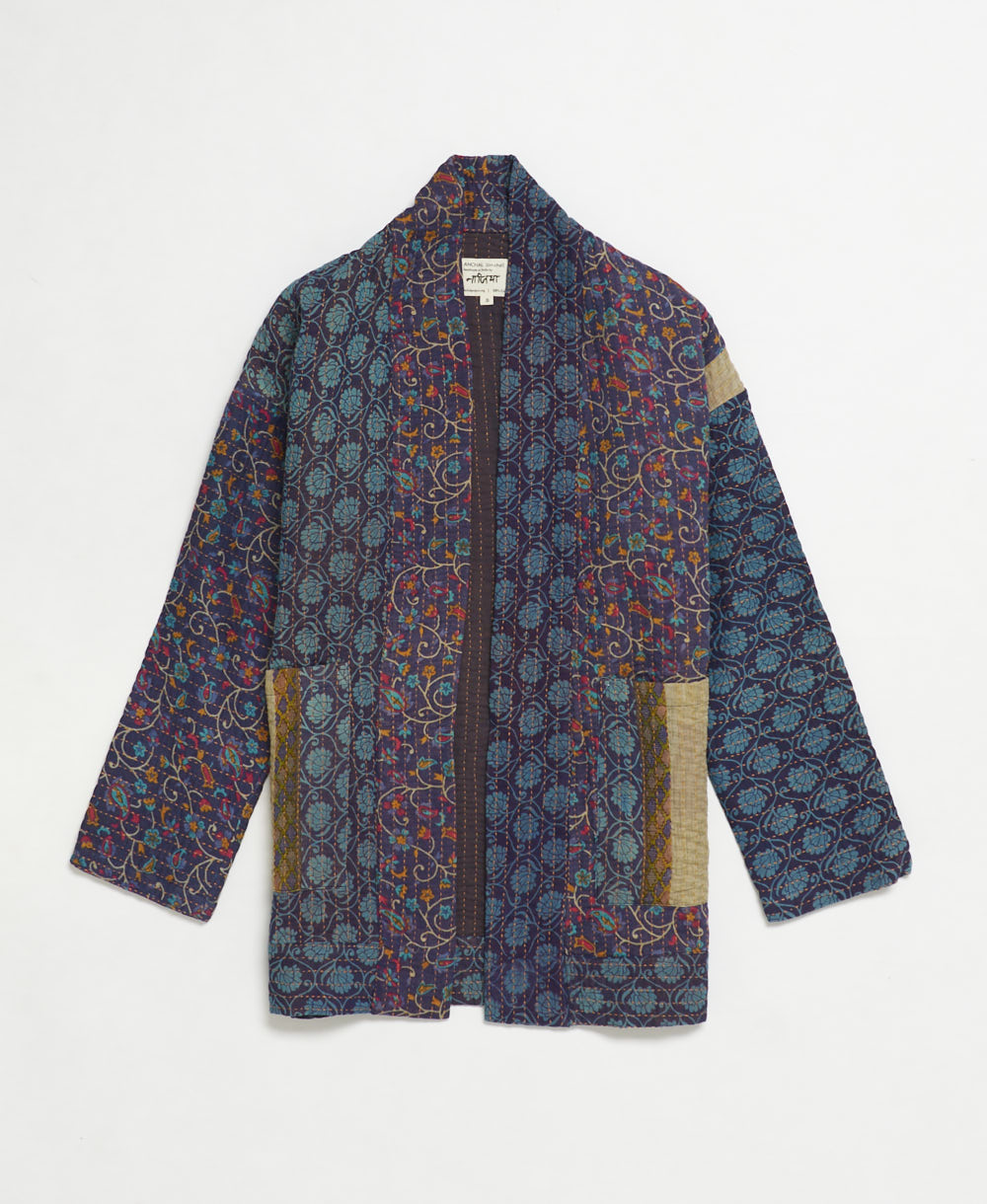 open front quilted jacket made from upcycled saris by artisans in India