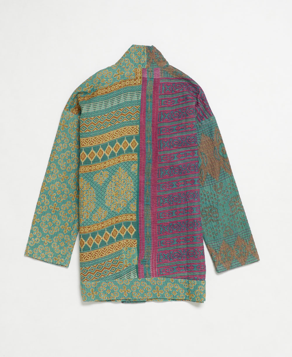 open front quilted jacket made from upcycled saris by artisans in India