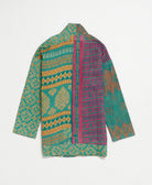 open front quilted jacket made from upcycled saris by artisans in India