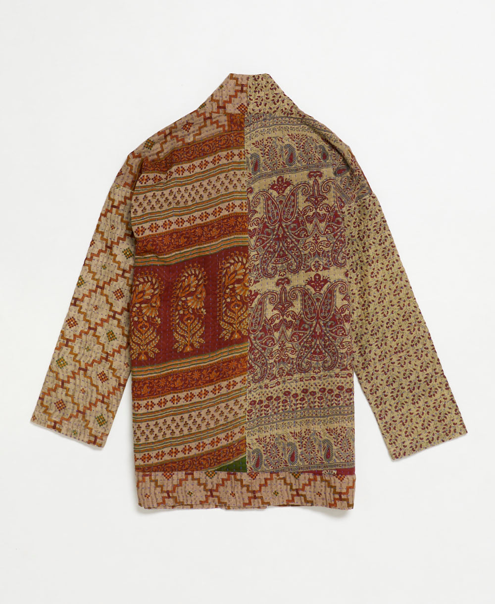 open front quilted jacket made from upcycled saris by artisans in India