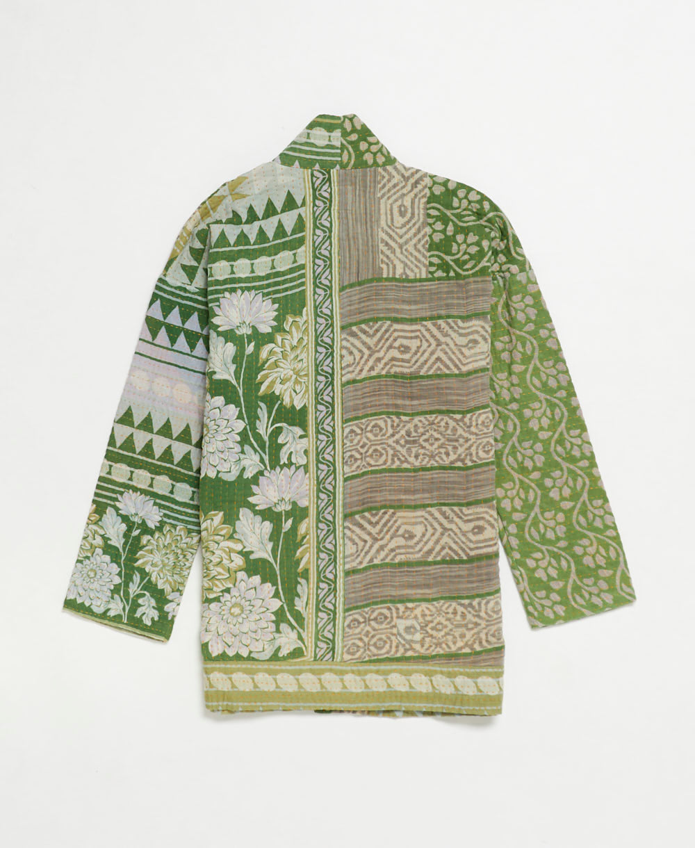 open front quilted jacket made from upcycled saris by artisans in India