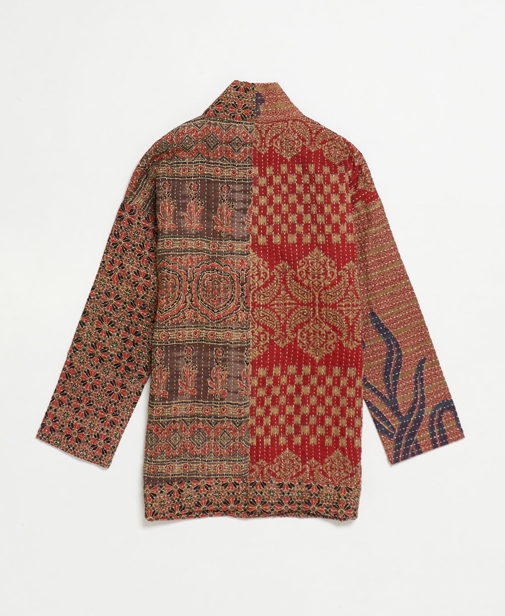 open front quilted jacket made from upcycled saris by artisans in India