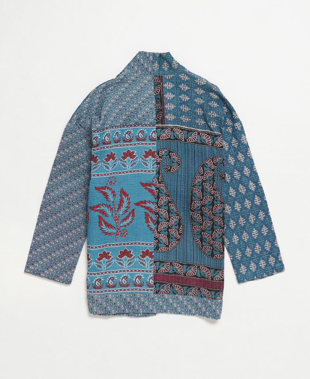 open front quilted jacket made from upcycled saris by artisans in India