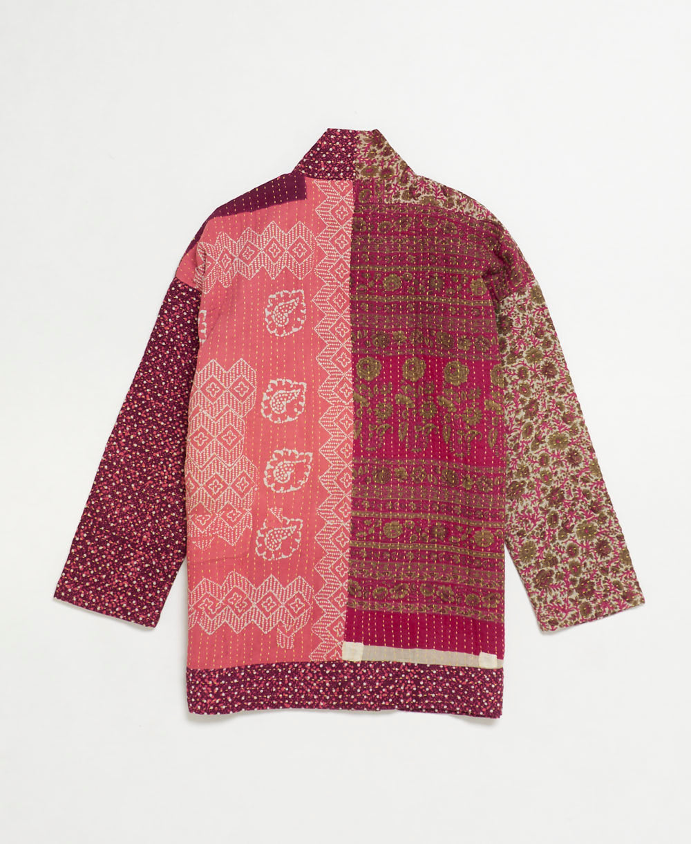 open front quilted jacket made from upcycled saris by artisans in India