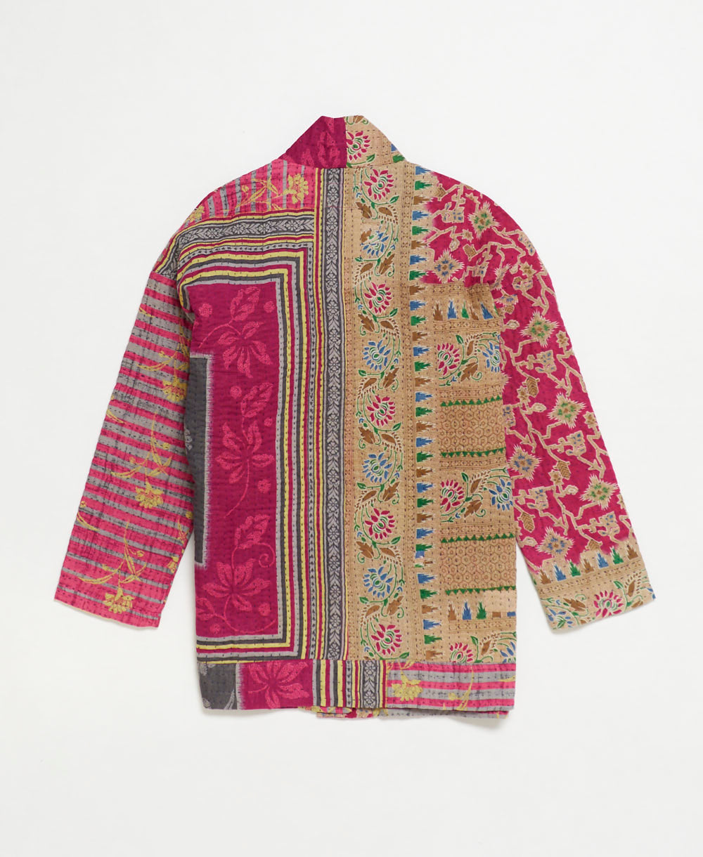 open front quilted jacket made from upcycled saris by artisans in India