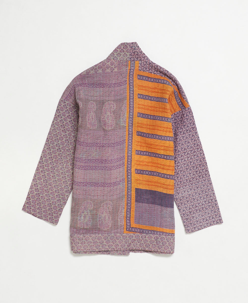 lilac purple quilted jacket with orange stripe pattern
