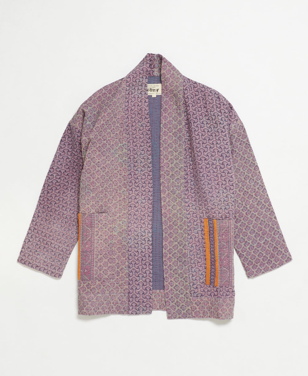 open front purple cardigan jacket handmade in India from upcycled vintage cotton