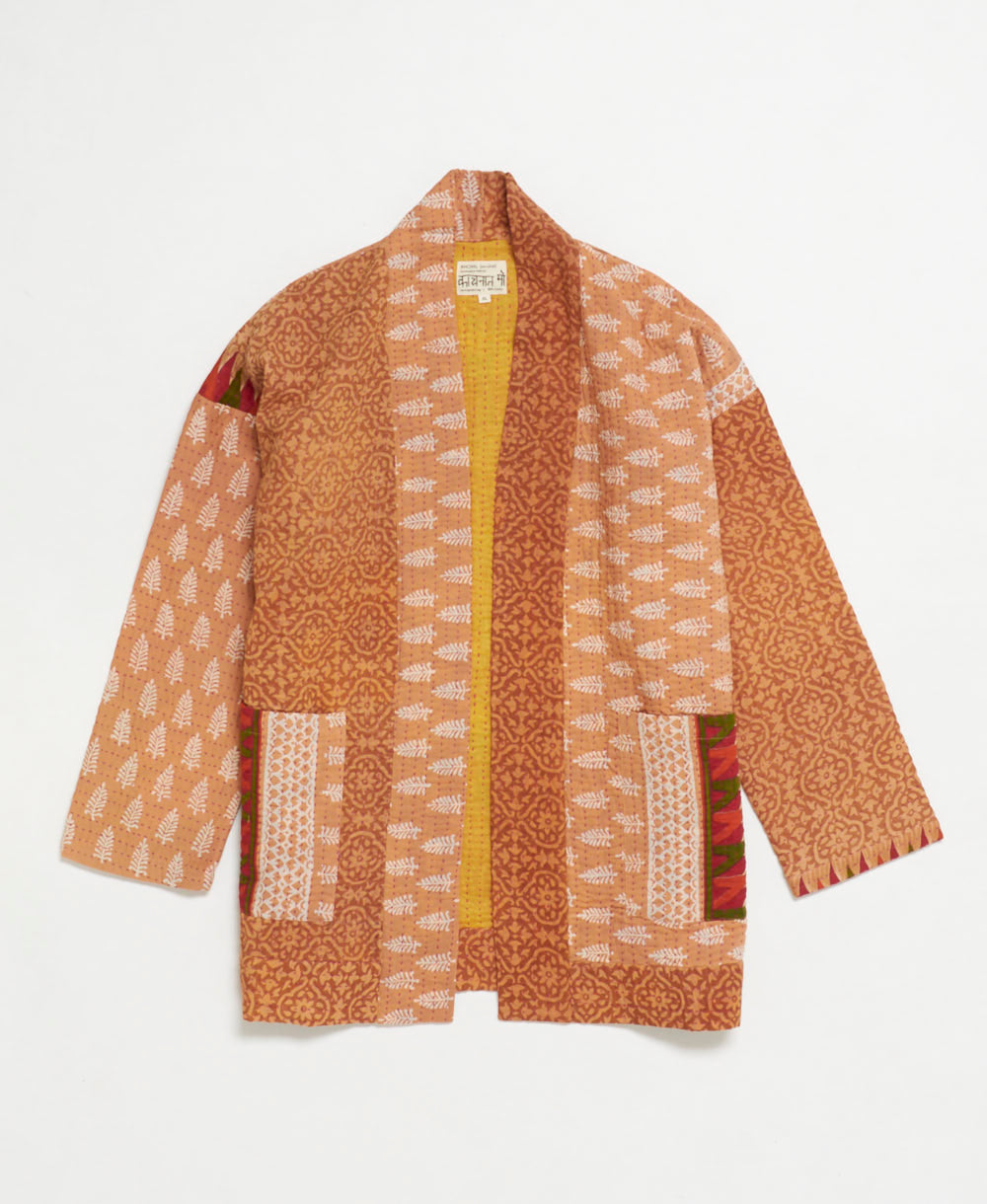 open front quilted jacket made from upcycled saris by artisans in India